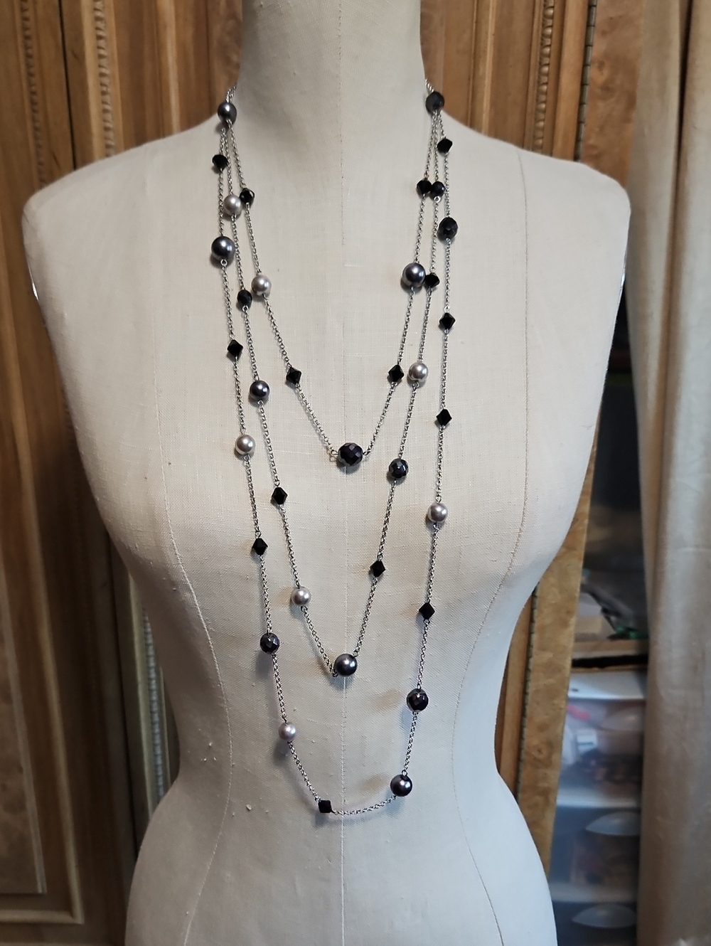 White House Black Market Long Layered 3 Strand Black and Silver Bead Necklace